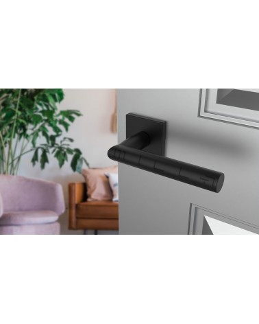 Maniglia per porta nera ARABIS maniglia design vista inclinata montata su una porta