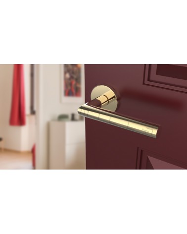 Maniglia per porta color oro lucido ARABIS maniglia design montata su una porta leggermente aperta