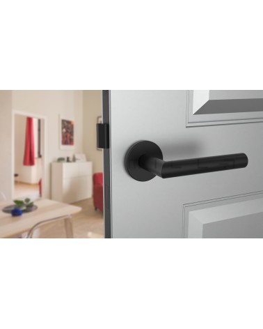 Maniglia per porta classica ARABIS vista frontale montata su una porta socchiusa