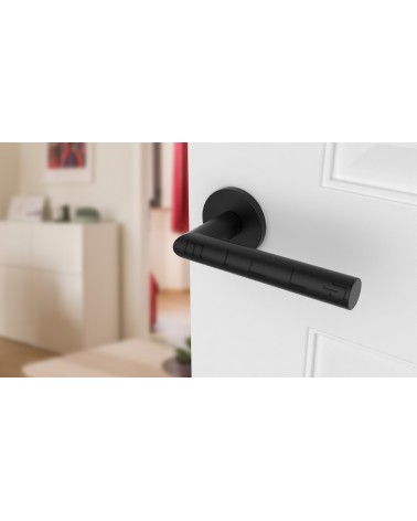 Maniglia per porta colore nero ARABIS maniglia design vista dall'alto inclinata montata su una porta