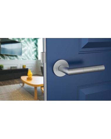 Maniglia per porta colore cromo satinato ARABIS maniglia design vista dall'alto inclinata montata su una porta