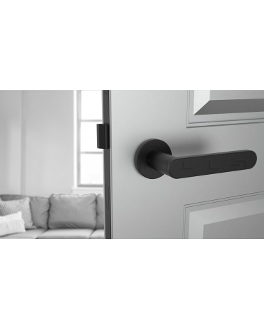 Maniglia per porta nera ALORA maniglia design vista frontale montata su una porta