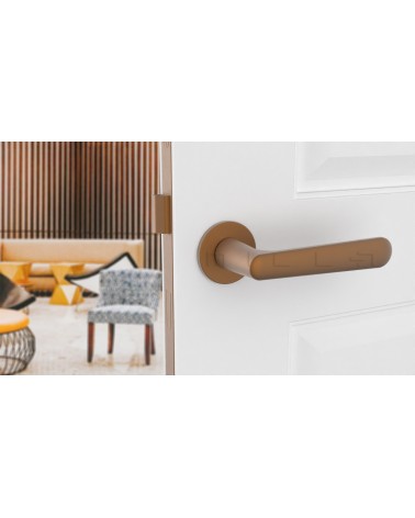 Maniglia per porta in rame ARIA maniglia design vista frontale montata su una porta