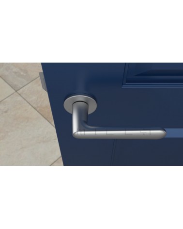 Maniglia per porta cromo satinato ARIA maniglia design vista dall'alto montata su una porta