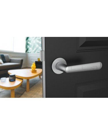 Maniglia per porta cromo satinato ARIA maniglia design vista frontale montata su una porta socchiusa