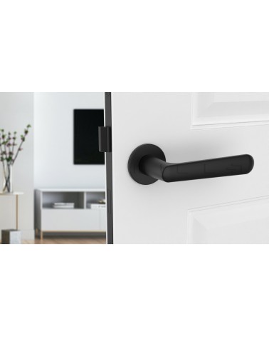 Maniglia per porta nera opaca ARIA maniglia design montata su una porta socchiusa