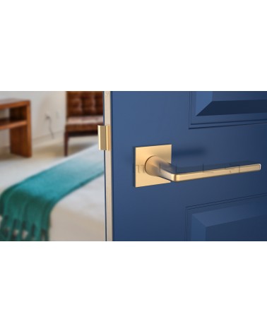 Maniglia per porta oro opaco SETIA maniglia design vista frontale montata su una porta