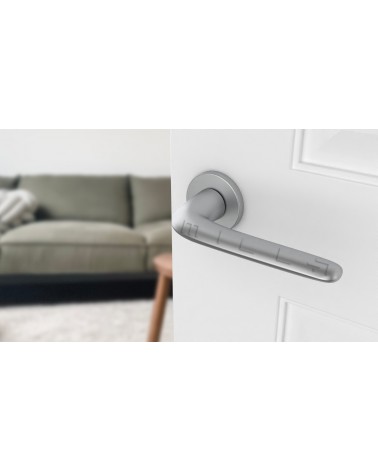 Maniglia per porta Cromo satinato AZALIA maniglia design vista inclinata montata su una porta