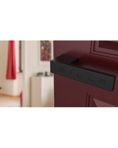 Maniglia per porta nera CARLINA maniglia design vista dall'alto inclinata montata su una porta