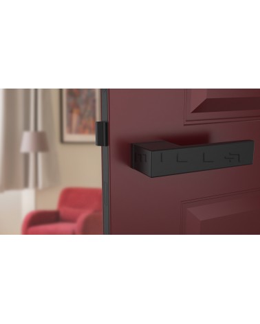 Maniglia per porta futuristica CARLINA maniglia design vista frontale montata su una porta