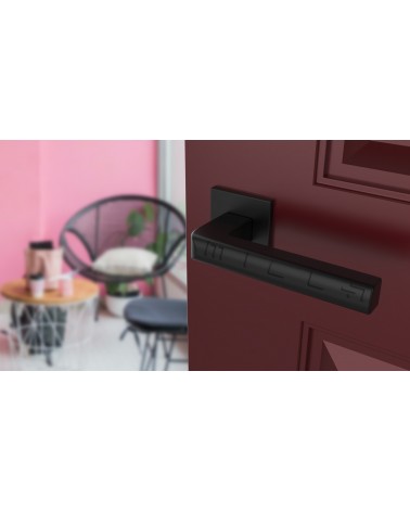 Maniglia per porta nera SALICE ferramenta design vista inclinata montata su una porta