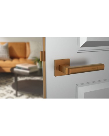 Maniglia per porta rame SALICE ferramenta design vista frontale montata su una porta