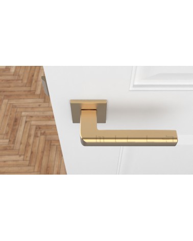 Maniglia per porta oro opaco SALICE ferramenta design vista dall'alto montata su una porta