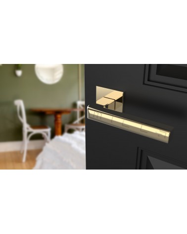 Maniglia per porta oro lucido SALICE ferramenta design vista inclinata montata su una porta