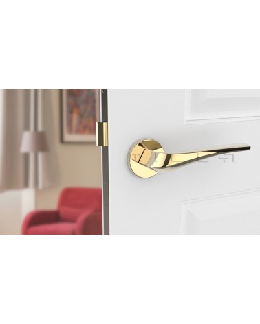 Maniglia per porta DALIA oro lucido maniglia design vista frontale montata su una porta