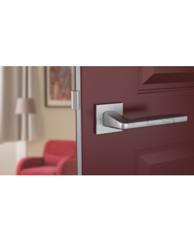 Maniglia per porta ERBA design cromo satinato vista frontale montata su una porta