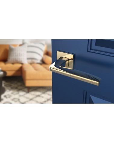 Maniglia per porta oro lucido ERBA design vista inclinata montata su una porta