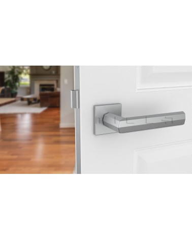 Maniglia per porta cromo satinato FRESIA maniglia design vista frontale montata su una porta
