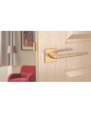 Maniglia per porta oro opaco LUNARIA design vista frontale montata su porta