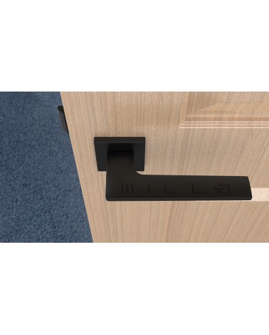 Maniglia per porta nera opaca LUNARIA design vista dall'alto montata su una porta
