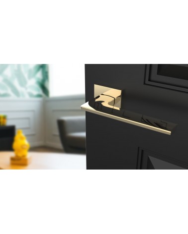 Maniglia per porta oro lucido LUNARIA design vista dall'alto inclinata montata su una porta