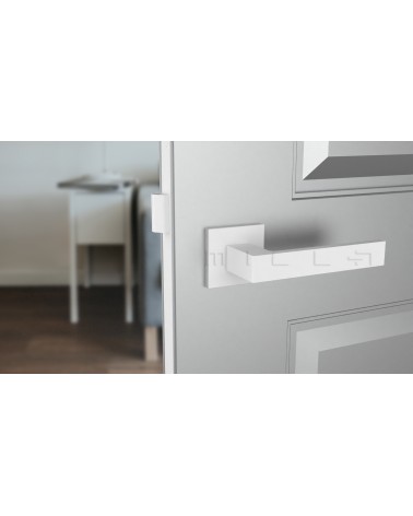 Maniglia per porta bianca SULLA maniglia design vista frontale montata su una porta