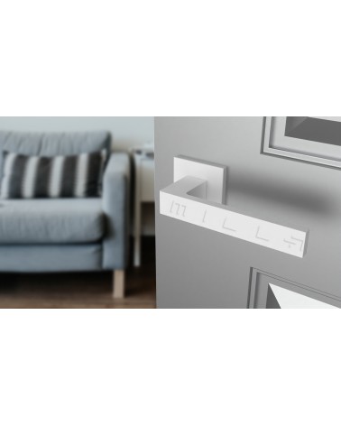 Maniglia per porta bianca SULLA maniglia design vista dall'alto inclinata montata su una porta