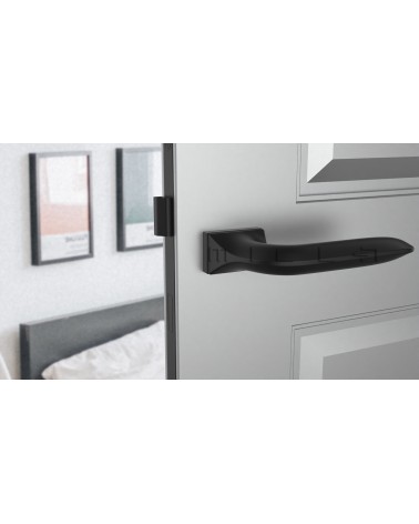 Maniglia per porta nera GLADIOLA maniglia design vista frontale montata su una porta