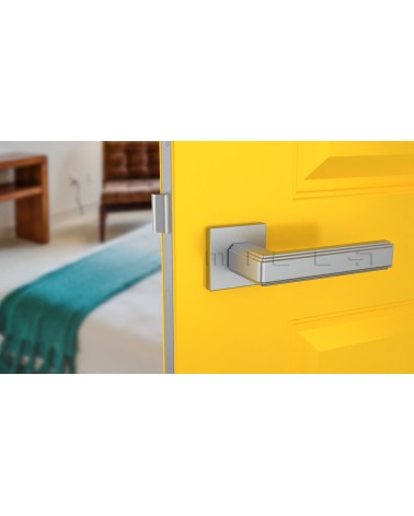 Maniglia per porta cromata satinata RAFLESIA maniglia design montata su una porta