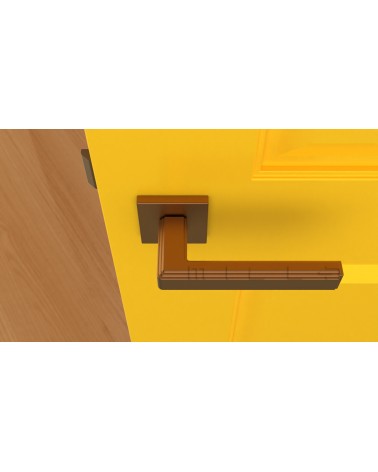 Maniglia per porta moderna RAFLESIA maniglia design colore 1 montata su una porta gialla