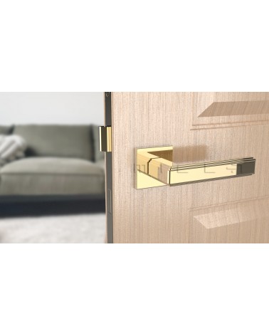 Maniglia per porta oro lucido RAFLESIA maniglia design montata su una porta socchiusa