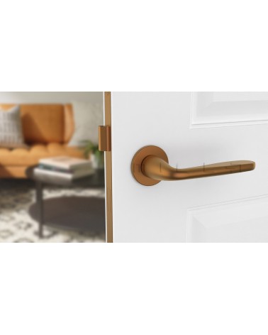 Maniglia per porta rame HIACYNTA maniglia design vista frontale montata su una porta