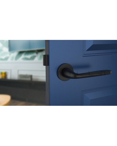 Maniglia per porta contemporanea HIACYNTA maniglia design vista frontale montata su una porta