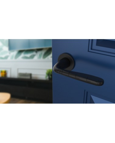 Maniglia per porta contemporanea HIACYNTA maniglia design vista dall'alto inclinata montata su una porta