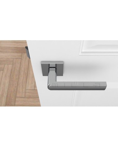 Maniglia per porta cromo lucido HOSTA ferramenta design vista dall'alto montata su una porta