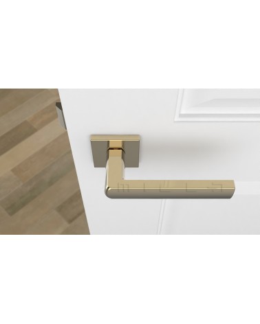Maniglia per porta oro lucido HOSTA ferramenta design vista dall'alto montata su una porta