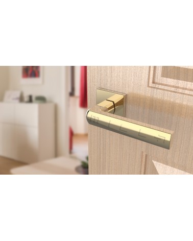 Maniglia per porta oro lucido HOSTA ferramenta design vista inclinata montata su una porta