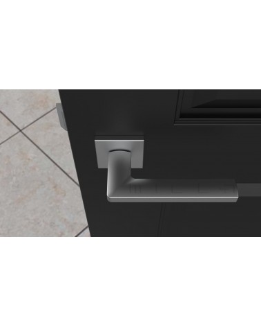 Maniglia per porta cromo satinato PYROLA ferramenta design vista dall'alto montata su una porta