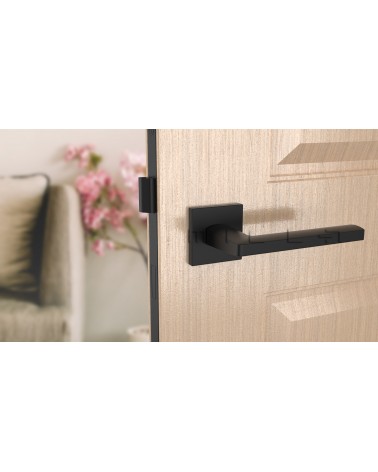 Maniglia per porta nera PYROLA ferramenta design vista frontale montata su una porta