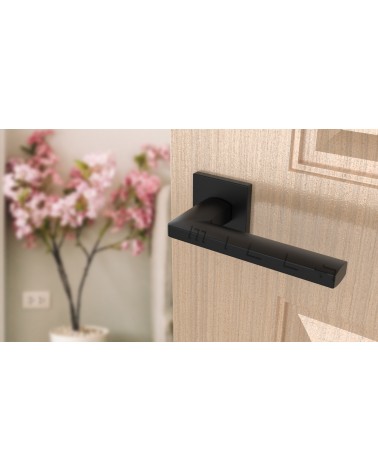 Maniglia per porta nera PYROLA ferramenta design vista inclinata montata su una porta