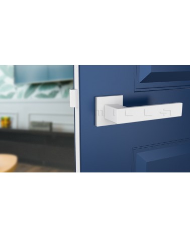 Maniglia per porta bianca PINA maniglia design vista frontale montata su una porta