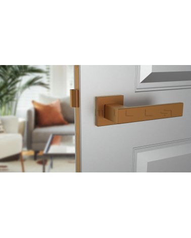 Maniglia per porta in rame PINA maniglia design vista frontale montata su una porta