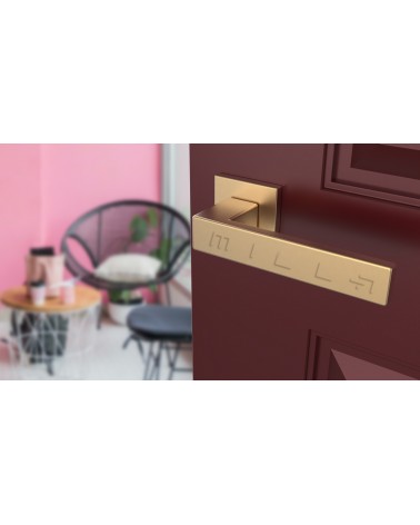 Maniglia per porta oro opaco PINA maniglia design vista inclinata montata su una porta
