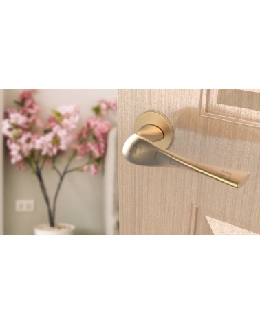 Maniglia per porta moderna PETUNIA maniglia design vista dall'alto inclinata montata su una porta