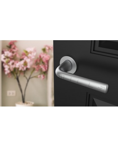 Maniglia porta Cromo satinato TULIPA porta interna design vista inclinata montata su una porta