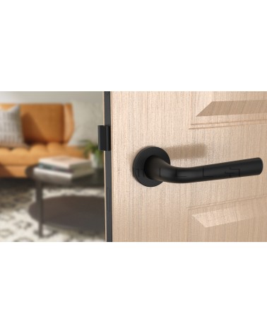 Maniglia per porta Nera TULIPA porta interna design vista frontale montata su una porta