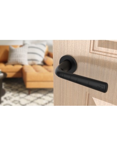 Maniglia per porta Nera TULIPA porta interna design vista inclinata montata su una porta