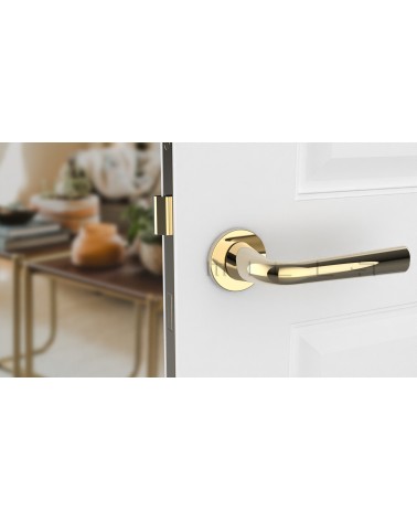 Maniglia per porta oro lucido TULIPA porta interna design vista frontale montata su una porta