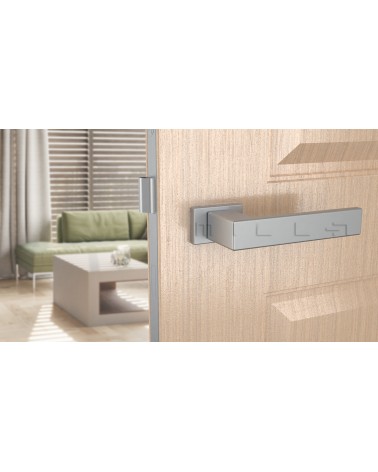 Maniglia per porta cromo satinato PINA design vista frontale montata su una porta