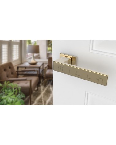 Maniglia per porta oro lucido PINA maniglia design vista inclinata montata su una porta